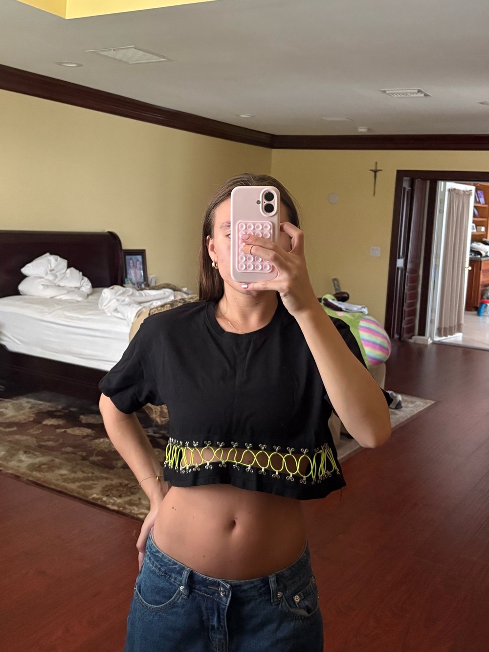 LF Black Cropped Tee with Neon Yellow Trim